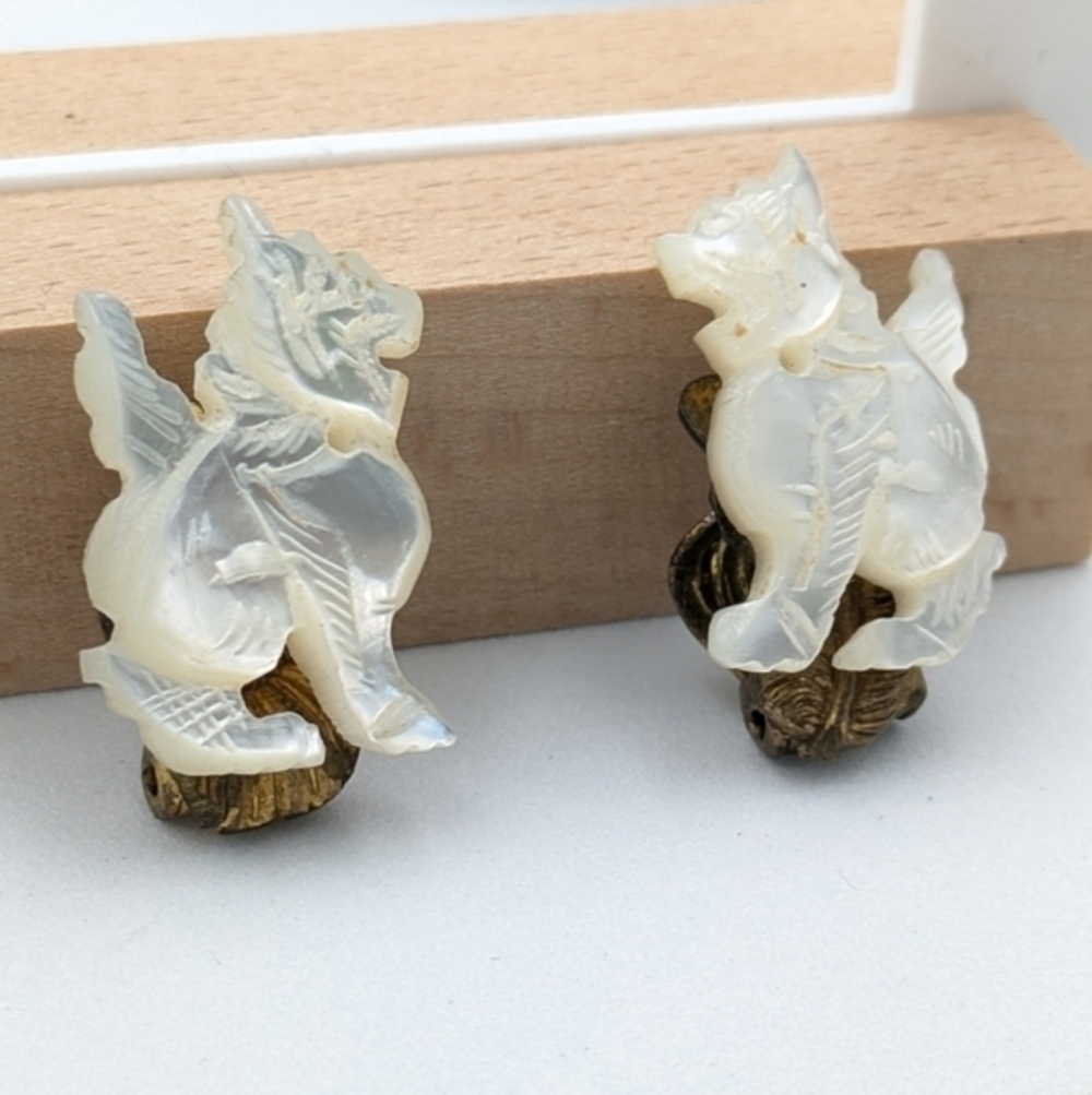 Antique White Opalescent Carved Clip-On Earrings - Picture 3 of 5